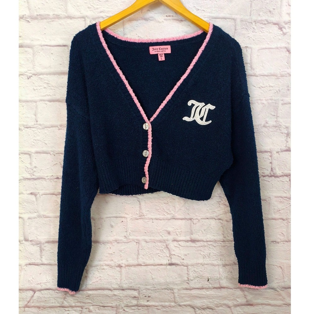 Juicy Couture Navy Blue Pink Trim Cropped Boucle Cardigan Sweater Large